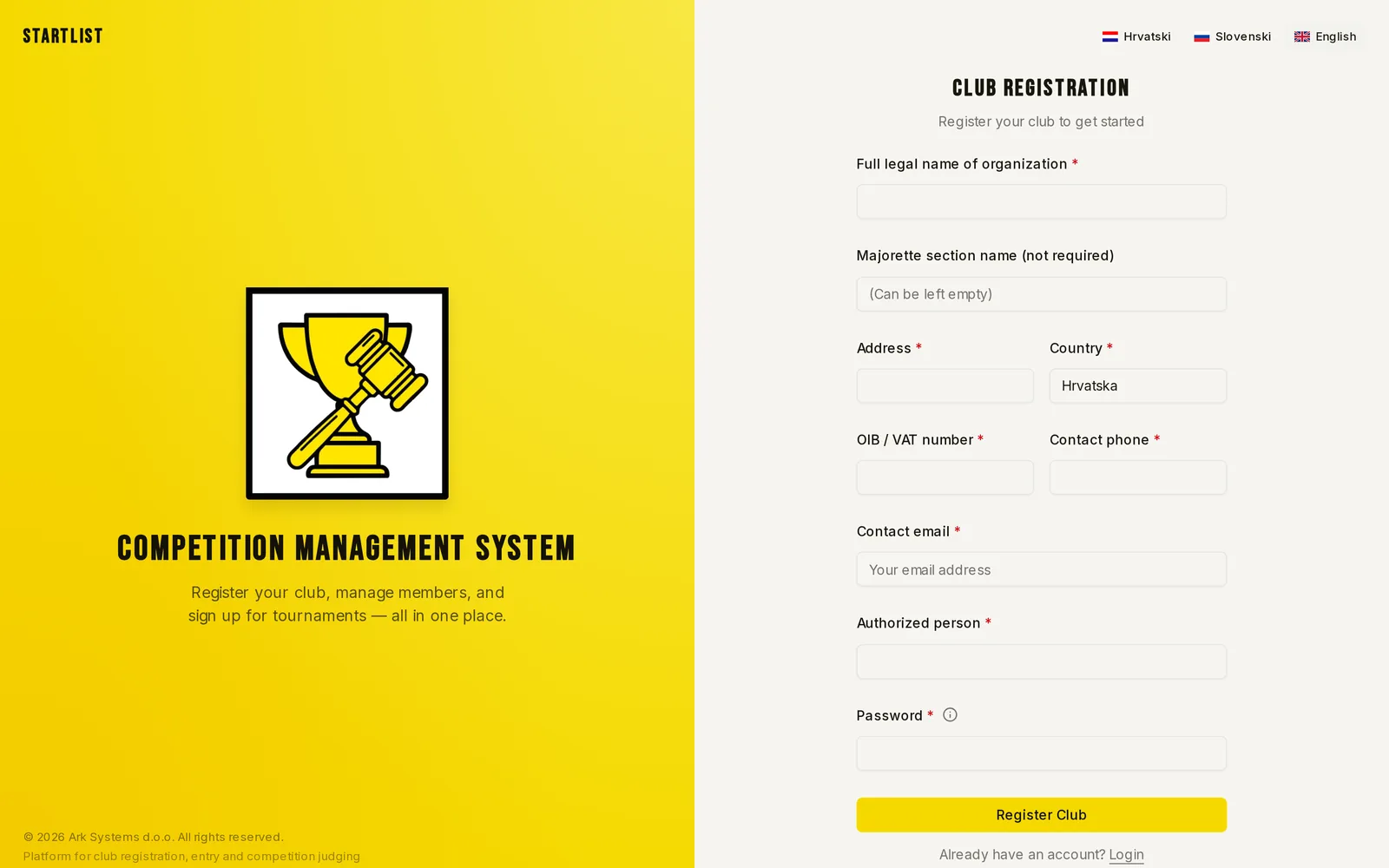 A club registers itself